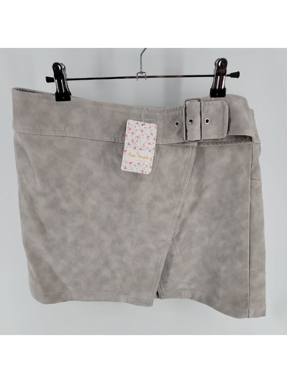 Free People NWT Faux Suede Mini Skirt Size 10 | Stone Gray Wrap Belted - Picture 5 of 13
